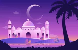 Night Mosque Ramadan Kareem Eid Mubarak Islamic Muslim Celebration Card vector