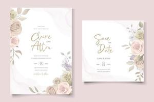 Plantilla de invitación de boda con decoración floral y hojas. vector