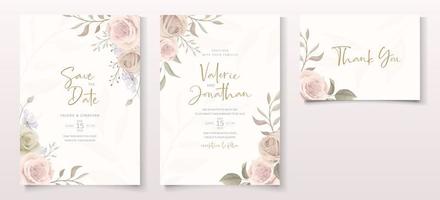 Plantilla de invitación de boda con decoración floral y hojas. vector