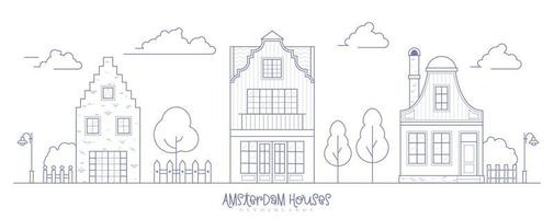 Europe neighborhood houses. Holland suburban with cozy homes. Facades of old traditionsl buildings in Netherlands. Outline vector illustration.