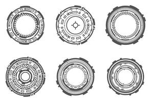 HUD futuristic elements. Abstract optical aim. Circle geometric shapes for virtual interface and games. Camera viewfinder for sniper weapon. Vector set