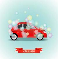 Car wash Vector illustration. The car is red in multi-colored soap bubbles.