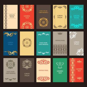 conjunto de vectores de etiquetas verticales ornamentadas en estilo victoriano. decoración floral. marco vintage de plantilla para tarjeta, invitación, mensaje de agradecimiento, insignia. marco adornado con lugar para el texto.
