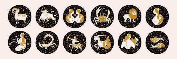 Zodiac sign. Vector emblems in a black circle. Zodiac signs Aries, Taurus, Gemini, Cancer, Leo, Virgo, Libra, Scorpio, Sagittarius, Capricorn, Aquarius, Pisces.