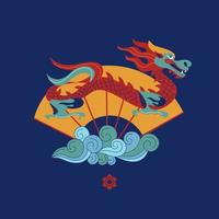 Chinese dragon, traditional pattern and Chinese fan. Vector illustration on blue background.