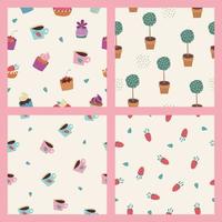 Set of seamless patterns on a light background. Beautiful cakes, cups, potted trees, strawberries. Vector illustration.