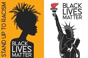 Black lives matter. Protest poster. An African American silhouette on a yellow background. Stand up to racism. Silhouette of the black statue of liberty. vector