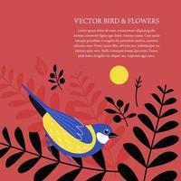 Lovely birds, berries, flowers and branches. Vector illustration.