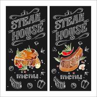Steak house. Vector illustration menu. Steak drawn in chalk on a black Board. Hand drawn vector illustration.