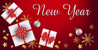 saludos de año nuevo con las vacaciones y feliz navidad, fondo rojo con regalos - vector