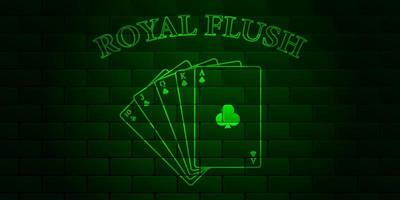 Dark green brick wall with glowing text Poker and royal flush of the suit of clubs. Vector illustration.