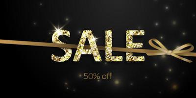 Golden glitter Sale banner with a stretched gold ribbon and a beautiful realistic bow on a black background. Vector illustration