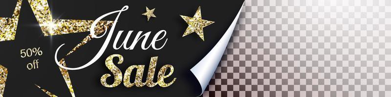 June Golden glitter Sale banner with stars and space for your image with open gift wrap paper concept. Vector illustration