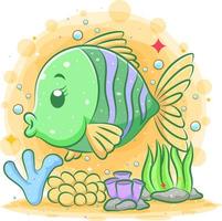 Illustration of the green golden fish under the nice sea vector