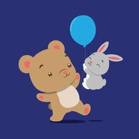 The little teddy bear is playing and dancing with the little rabbit holding the blue balloon vector