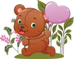 The cute teddy bear is running and holding his balloon in the flowers garden vector