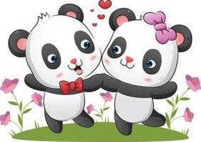 la pareja del panda kawaii baila junto con la expresión feliz en el parque vector