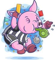 The referee pig blowing the whistle with the yellow and red card around him vector