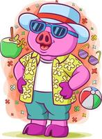 cerdo chico púrpura haciendo vacaciones y usando el sombrero y gafas de sol en la playa vector