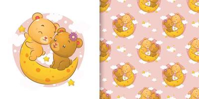 The two little bear sitting on the glowing moonlight on the sky in the pattern set vector