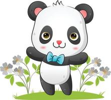 el lindo panda con la corbata baila con la cara feliz en el jardín vector