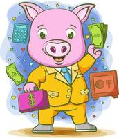 The pig is holding the bag of money with the big smile vector