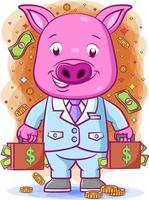 el cerdo sostiene dos grandes bolsas de dinero con la cara feliz