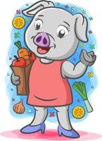 Mother grey pig holding a bucket of the vegetables vector