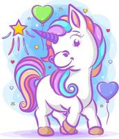 el unicornio con el pelo del arco iris parado cerca de los globos de amor vector