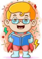 The boy holding the blue book and using the glasses vector