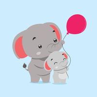 el elefante y el bebé elefante jugando junto con el globo rojo vector