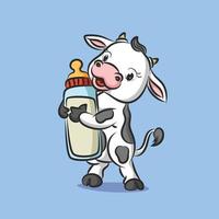 la vaca bebé está de pie y sostiene el chupete lleno de leche vector