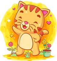 Funny cat standing and singing in the garden vector