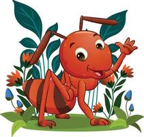 la gran hormiga roja está agitando su mano y dando una gran sonrisa con el hermoso fondo vector