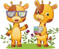 The couple of librarian giraffe is holding a colorful book vector