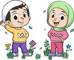 felices dos niños musulmanes con hola posando vector