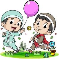 Happy Two boy Muslim running in the park and holding balloon vector