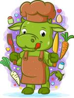 The chef cow holding the eating tools with vegetables vector