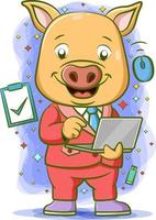 The pig holding laptop with the blue electronic around him vector