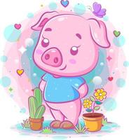 The purple pig cartoon stands near the flowers vector