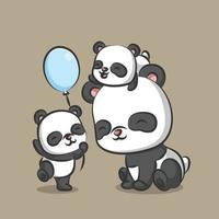 la familia del panda está jugando junto con los globos azules. vector