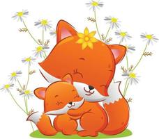 The baby fox is giving the hug to her mother in the flowers park vector