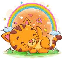 Baby cat sleeping in the garden with rainbow garden vector