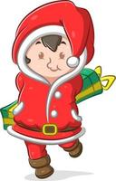 The girl using the Santa Claus costume and holding the long green gift with the vector