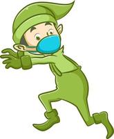 el elfo que usa el disfraz verde con la máscara de tosca está tratando de correr con la cara aterradora vector
