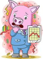 el cerdo sosteniendo el gráfico superior con la cara feliz vector
