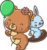 Little blue rabbit with the yellow ribbon is holding the big beaver holds the green balloon vector