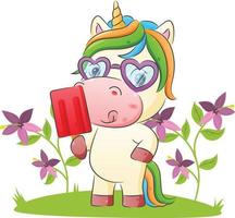 The cute unicorn is holding a delicious ice cream with the bright color in the garden vector