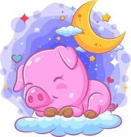 hermosa ilustración de cerdo duerme en las nubes vector
