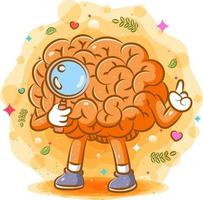 The orange brain holds magnifying glass vector